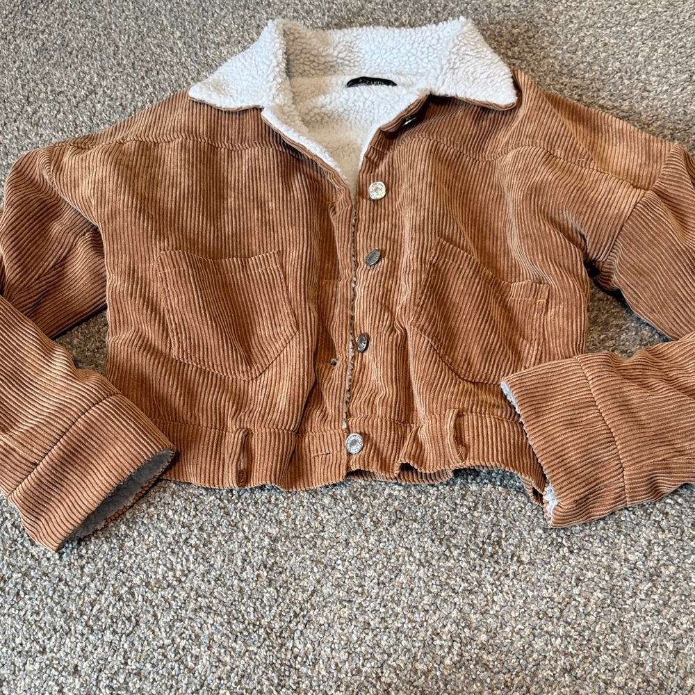Zaful Brown Corduroy Jacket with White Sherpa Collar